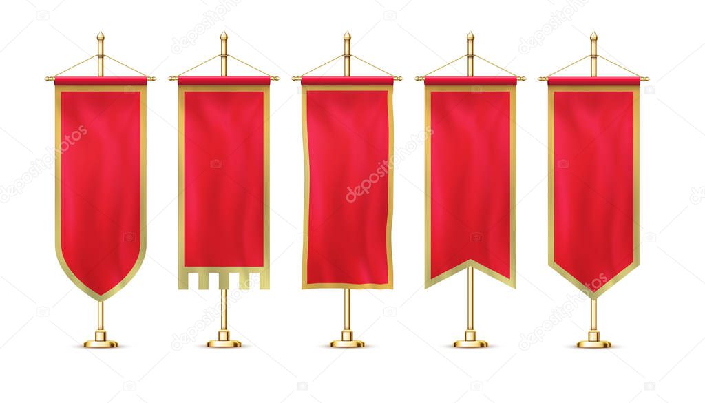 Download Blank Red Pennant Flag Mockup Banner Hanging On Golden Rack Pole Realistic Stylish Retro Style Set Vertical Banner Flag With Folds Of Fabric Premium Vector In Adobe Illustrator Ai Ai PSD Mockup Templates