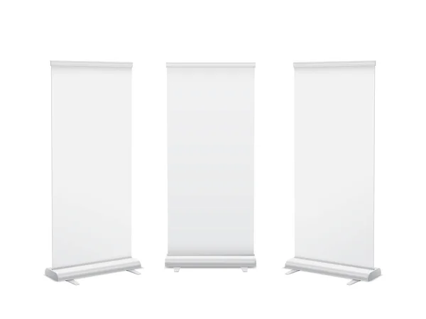 Gerçekçi 3d dikey rulo pankart stand şablon tasarımı. İzole vektör.