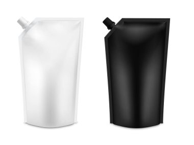 Gerçekçi 3d White Blank Doy Pack Mock seti. Vector Doypack Şablonu Vida kapaklı Paketleme.