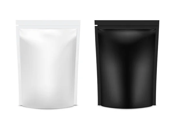 Gerçekçi vektör plastik Siyah-Beyaz Gıda Stand Up Esnek Kese Sachet setini oluşturur.