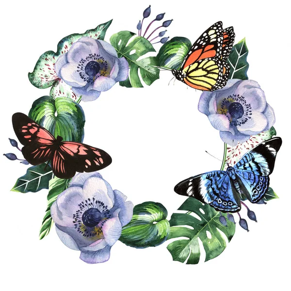 Тропічні квіти з рамою метеликів в акварельному стилі ізольовані . — стокове фото
