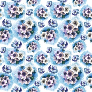 Kır çiçeği mavi anemon çiçeği çiçek deseni izole bir suluboya tarzında.