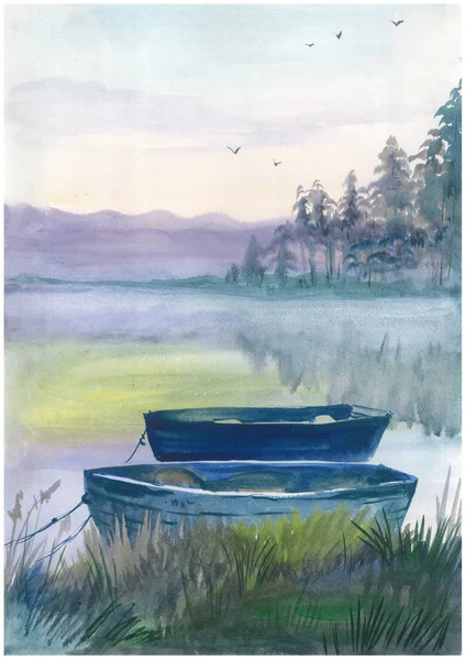 Watercolor boat on the river — Stock Photo, Image