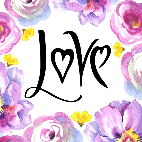 Liebe Handschrift mit Pfingstrose Blume in Aquarell — Stockfoto