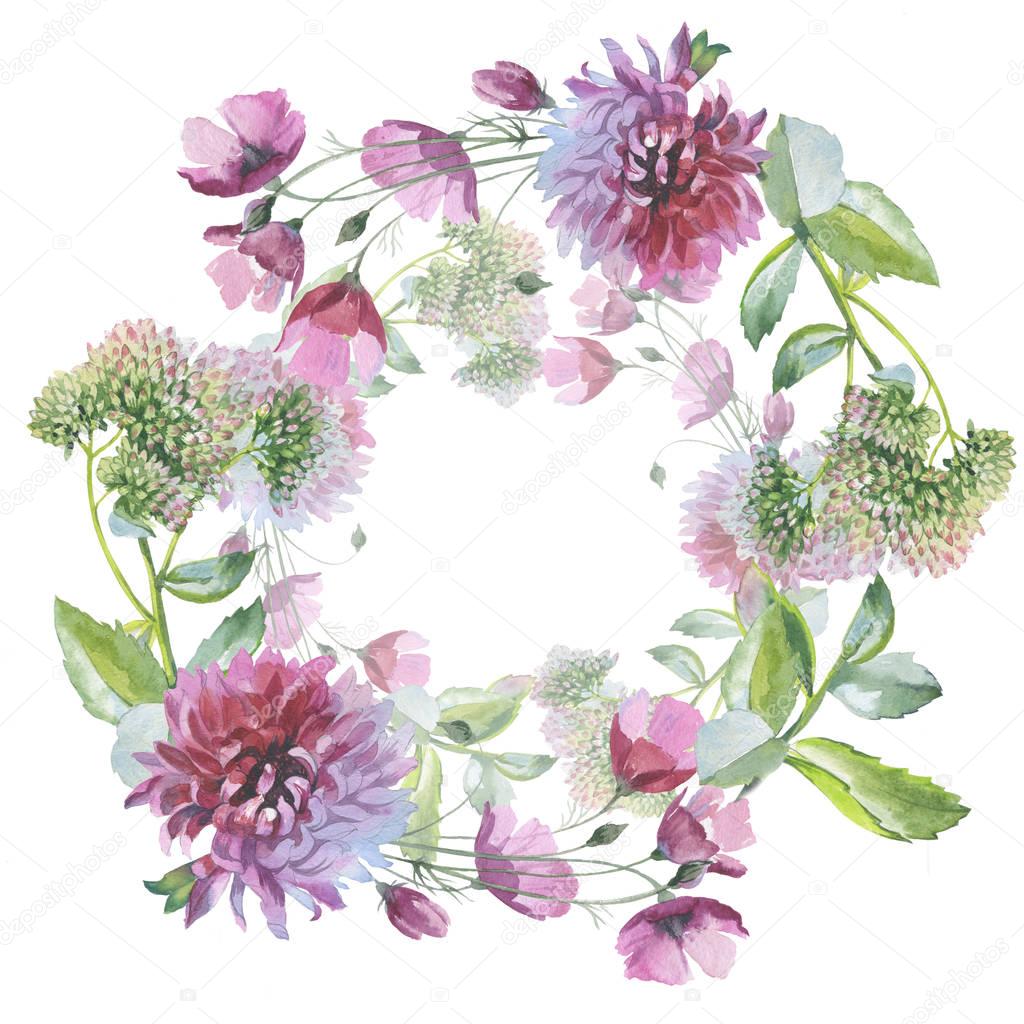 Wildflower chrysanthemum flower wreath in a watercolor style isolated.