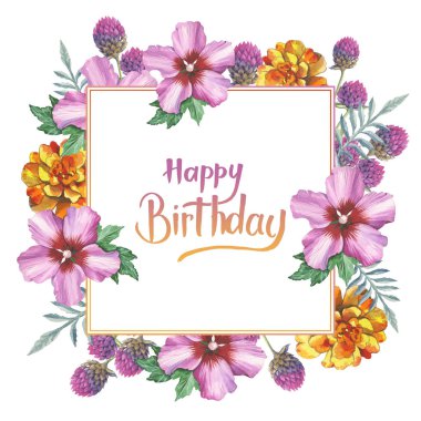 Kır çiçeği kadife çiçeği, ebegümeci, gomphrena çerçeve izole bir suluboya tarzında.