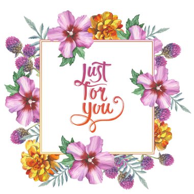 Kır çiçeği kadife çiçeği, ebegümeci, gomphrena çerçeve izole bir suluboya tarzında.