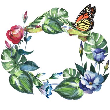 Tropikal Hawaii palmiye ağacı ve kelebekler çelenk izole bir suluboya tarzında bırakır..