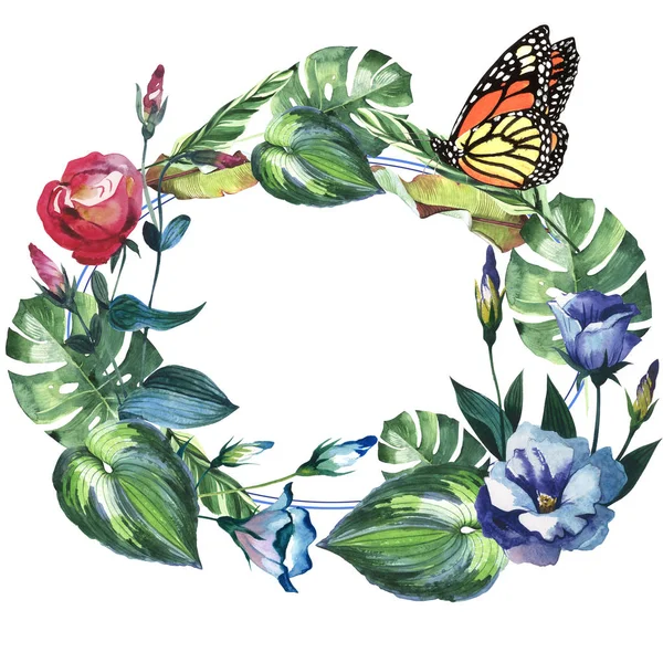 Tropikal Hawaii palmiye ağacı ve kelebekler çelenk izole bir suluboya tarzında bırakır..