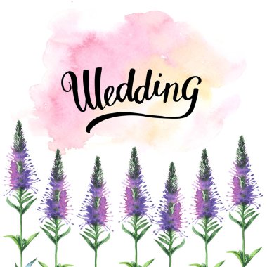 Boyalı kır çiçeği çiçek davetiye el yazısı ile suluboya tarzında.