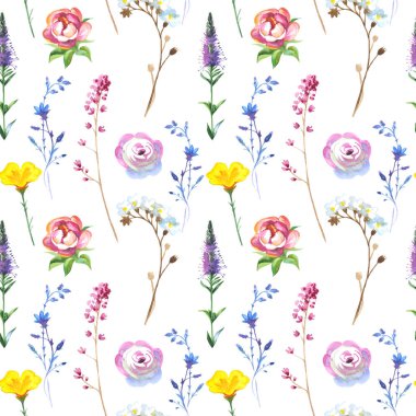 Boyalı kır çiçeği çiçek arka plan deseni suluboya tarzında.