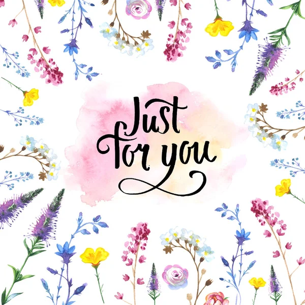 Painted wildflower flowers background pattern in a watercolor style with handwriting. — Stock Photo, Image