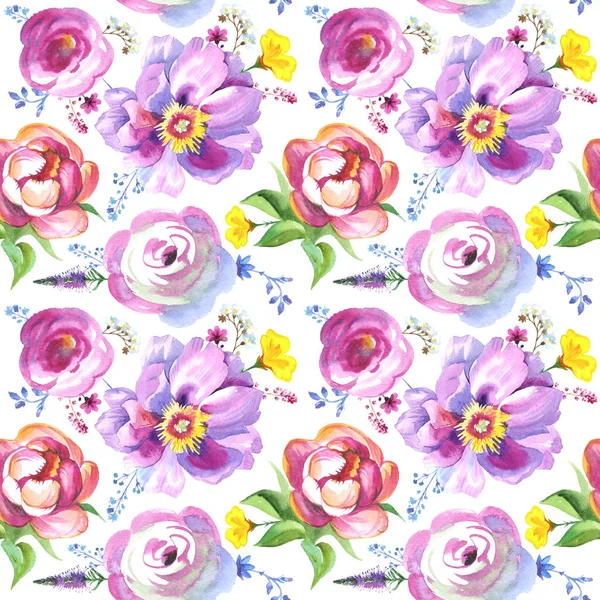 水彩風に塗られたワイルドフラワー花背景パターン. — ストック写真