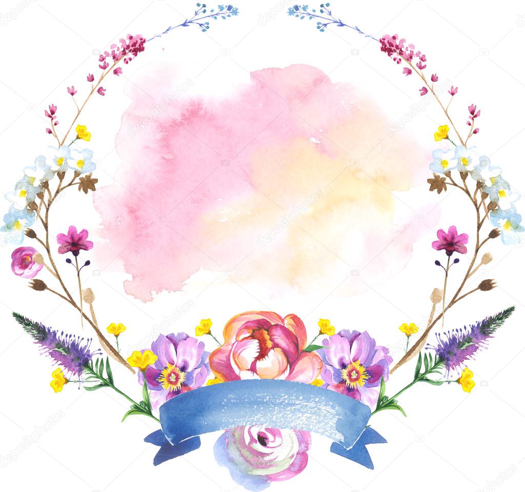 Painted flower wreath of wildflowers in a watercolor style with ribbon.