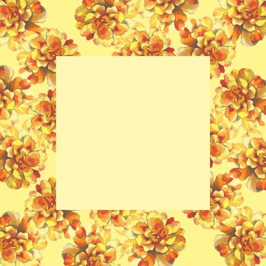 Sulu Boya çizim çiçek arka plan çerçevesinde sarı kadife çiçeği krizantem Petunya calendula gül.