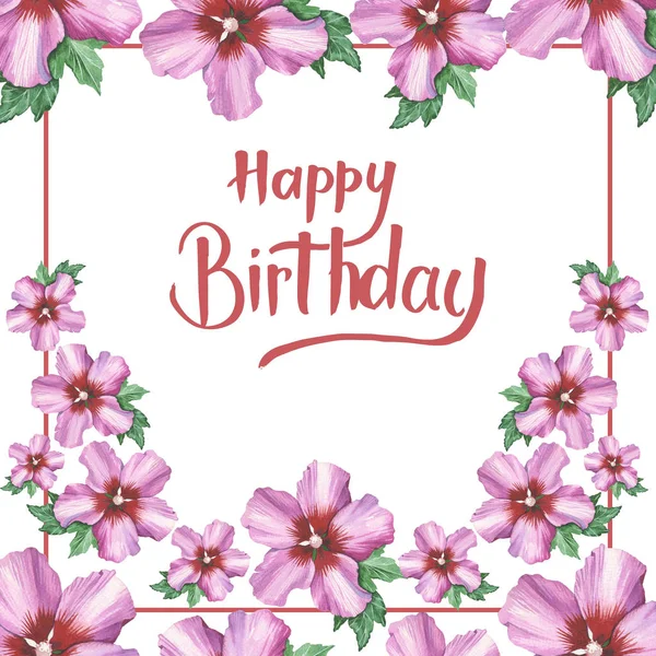 Feliz cumpleaños escrito a mano sobre fondo de flor de hibisco rosa en el dibujo de acuarela . — Foto de Stock