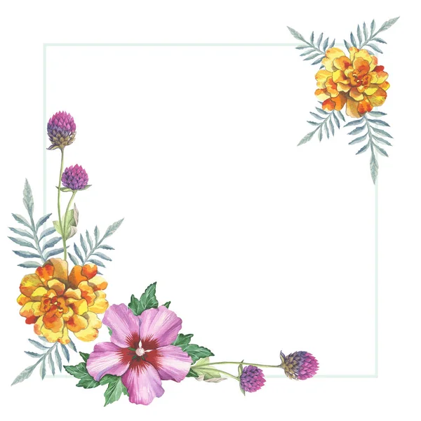 Hibiscus, yellow marigold rose and gomphrena flower wreath frame ornament in watercolor drawing. — Stock Photo, Image