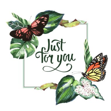 Tropikal Hawaii palmiye ağacı ve kelebekler çerçeve izole bir suluboya tarzında bırakır..