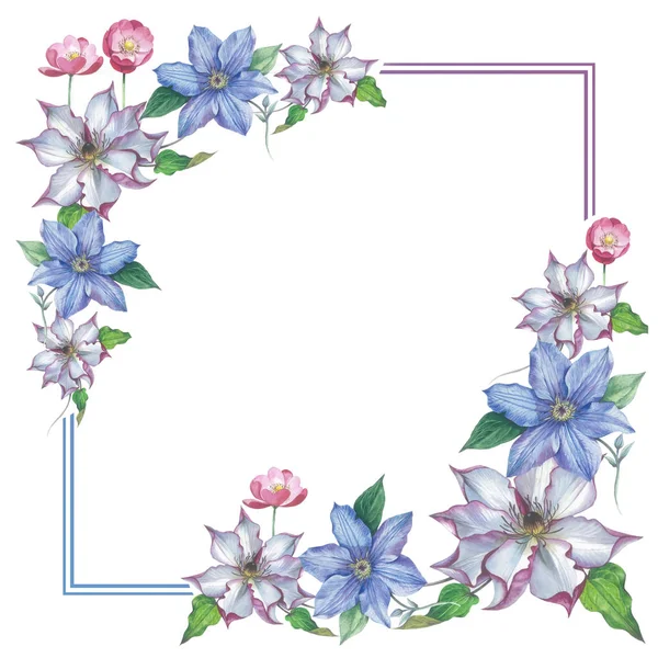 Wildflower clematis flower frame in a watercolor style isolated. — Stock Image Wildflower clematis flower frame in a watercolor style isolated. Stock Picture