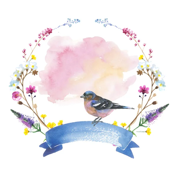 Sky bird sparrow in a wildlife wreath by watercolor style isolated. — Stock Photo, Image