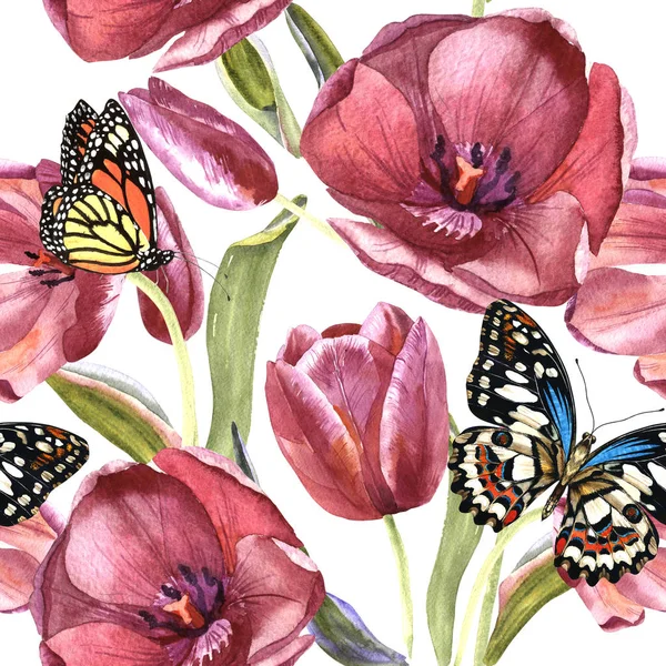 Padrão de flor de tulipa de flores silvestres em um estilo aquarela isolado . — Fotografia de Stock