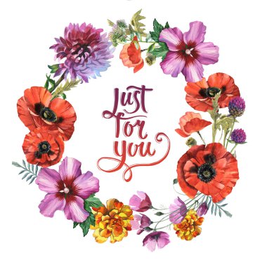 Kır çiçeği haşhaş çiçek çelenk izole bir suluboya tarzında.