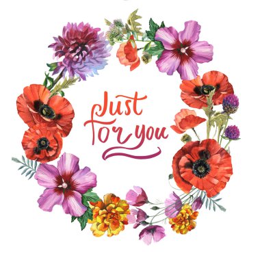 Kır çiçeği haşhaş çiçek çelenk izole bir suluboya tarzında.