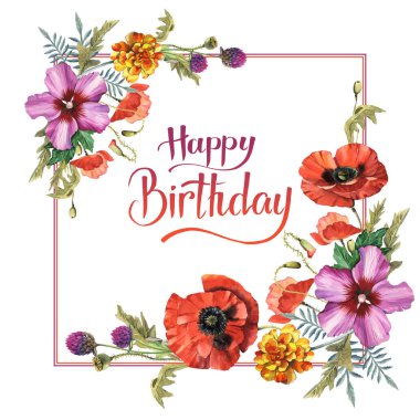 Kır çiçeği haşhaş çiçek çerçeve izole bir suluboya tarzında.