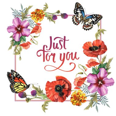 Kır çiçeği haşhaş çiçek çerçeve izole bir suluboya tarzında.