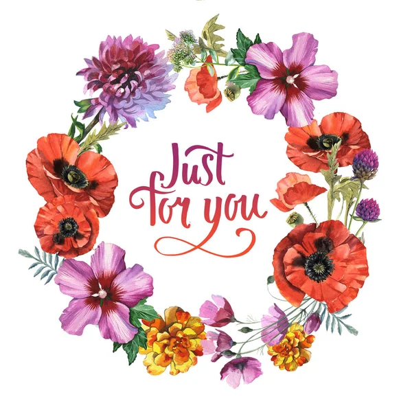 Kır çiçeği haşhaş çiçek çelenk izole bir suluboya tarzında.