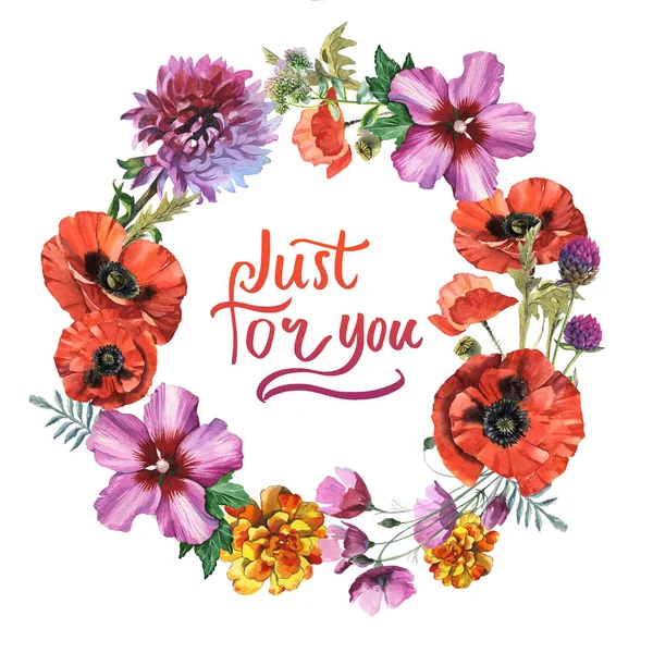 Kır çiçeği haşhaş çiçek çelenk izole bir suluboya tarzında.