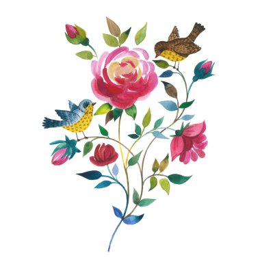 Kır çiçeği çiçek izole bir suluboya tarzında kuşlar ile yükseldi.