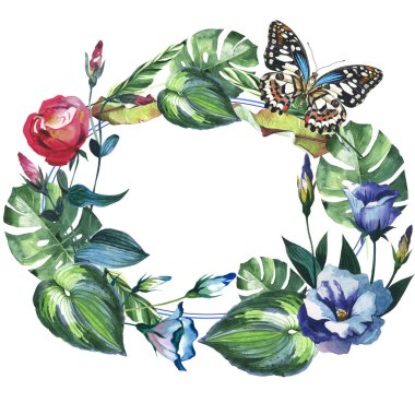 Tropikal Hawaii palmiye ağacı çelenk izole bir suluboya tarzında bırakır..