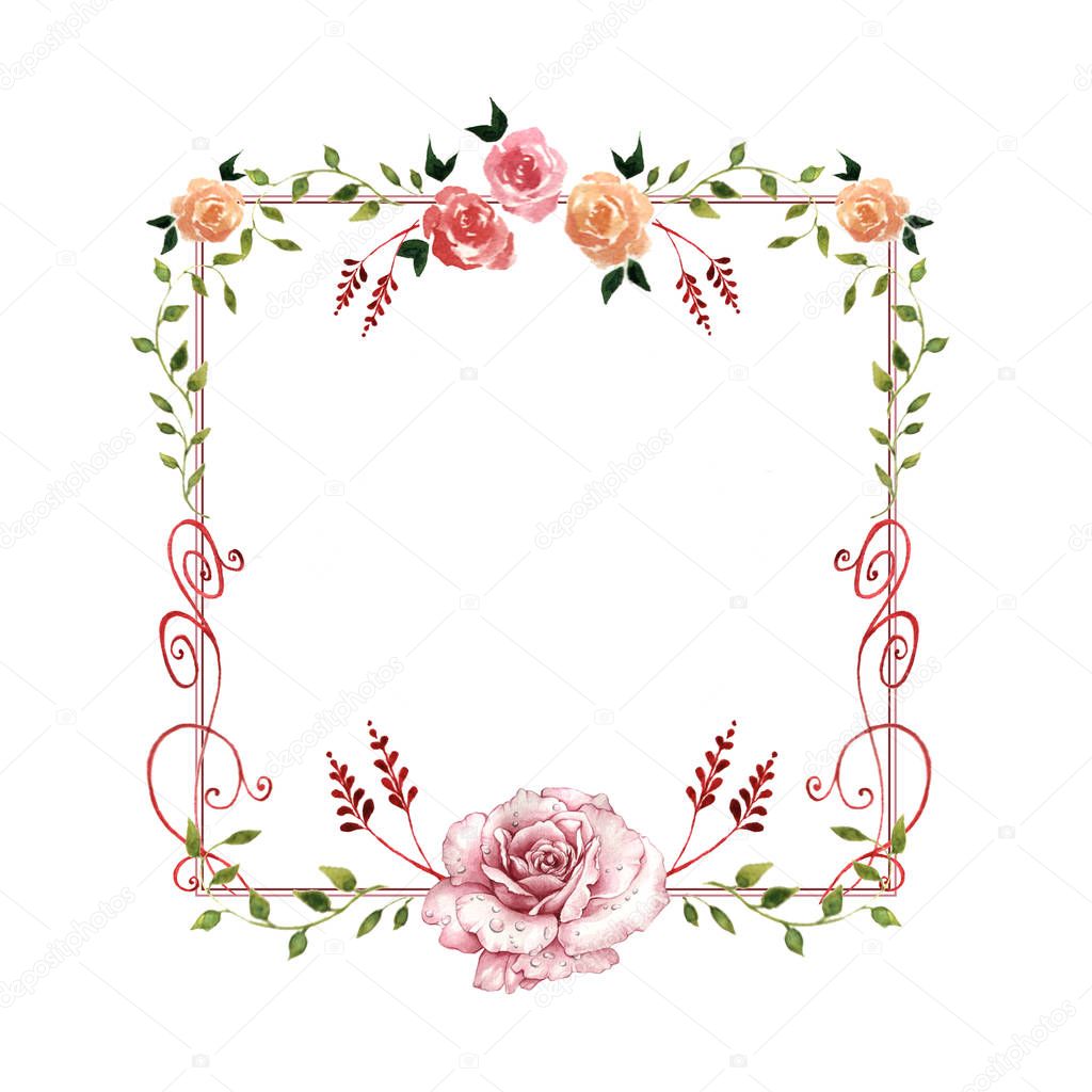 Wildflower rose flower frame in a watercolor style isolated.