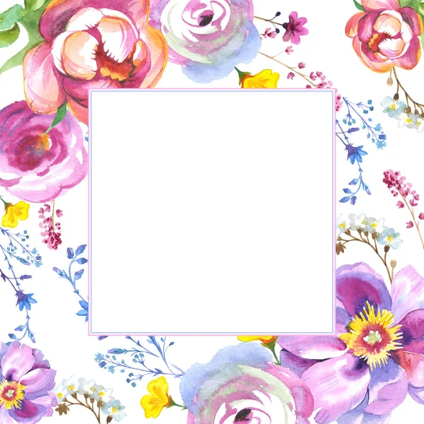 Wildflower kwiat róży rama w stylu przypominającym akwarele na białym tle — Zdjęcie stockowe