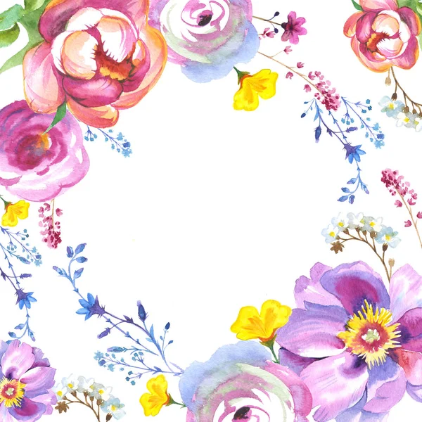 Fiore di campo rosa fiore telaio in stile acquerello isolato — Foto Stock