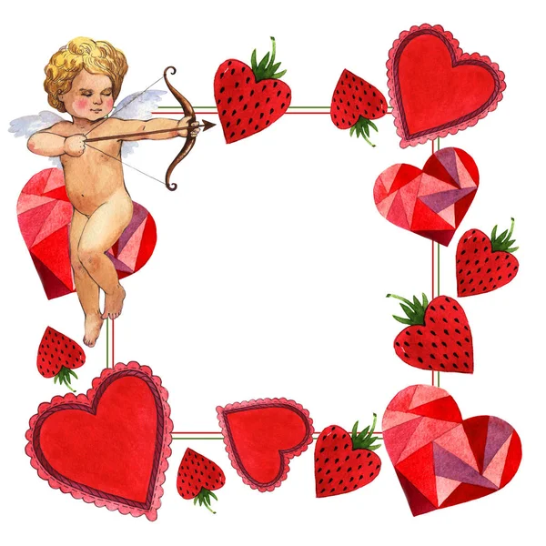 Boldog Valentin-nap szeretet ünnepe keret elszigetelt akvarell stílusú. — Stock Fotó