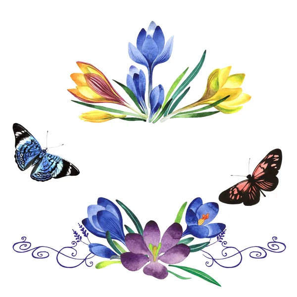 Kır çiçeği çiğdemler çiçek çerçeve izole bir suluboya tarzında.