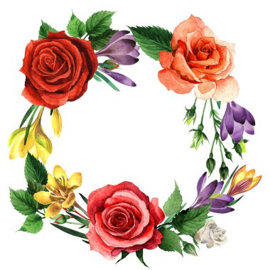 Kır çiçeği çiğdemler çiçek çelenk izole bir suluboya tarzında.