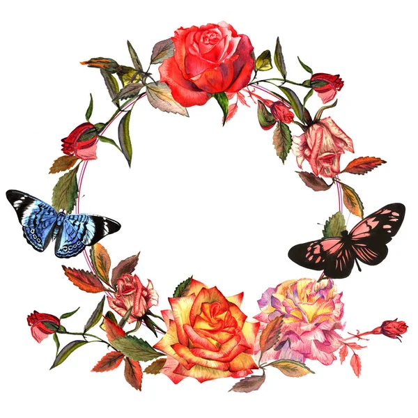 Wildflower rose flower wreath in a watercolor style isolated. — Stock Photo, Image