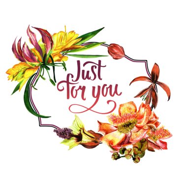 Tropikal Hawaii bırakır ve izole bir suluboya tarzında çerçeve çiçek.