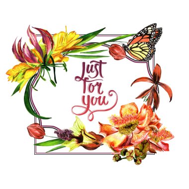 Tropikal Hawaii bırakır ve izole bir suluboya tarzında çerçeve çiçek.