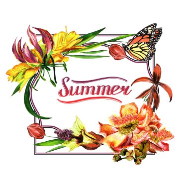 Tropikal Hawaii bırakır ve izole bir suluboya tarzında çerçeve çiçek.