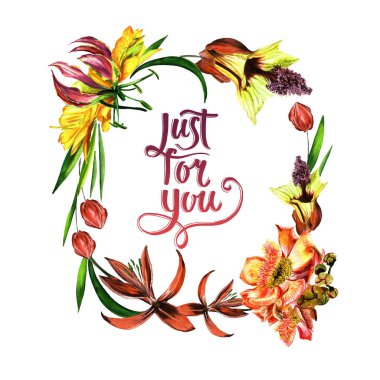 Tropikal Hawaii bırakır ve izole bir suluboya tarzında çerçeve çiçek.