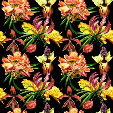 Tropikal Hawaii bırakır ve desen izole bir suluboya tarzında çiçekler.