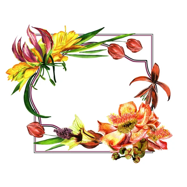 Tropical Hawaii leaves and flowers frame in a watercolor style isolated.