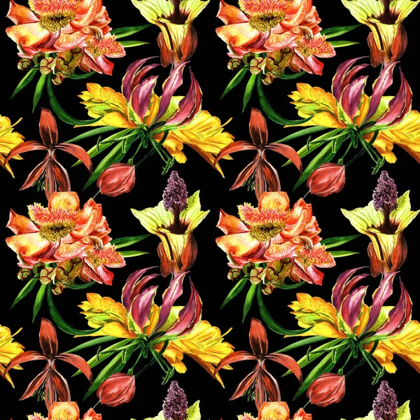 Tropical Hawaii leaves and flowers pattern in a watercolor style isolated.