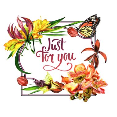 Tropikal Hawaii bırakır ve izole bir suluboya tarzında çerçeve çiçek.