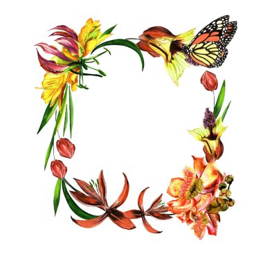 Tropikal Hawaii bırakır ve izole bir suluboya tarzında çerçeve çiçek.