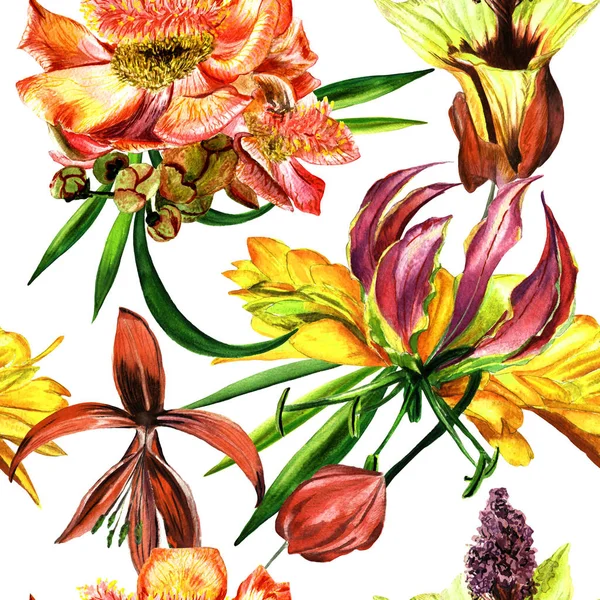 Tropiska Hawaii blad och blommor mönster i akvarell stil isolerade. — Stockfoto